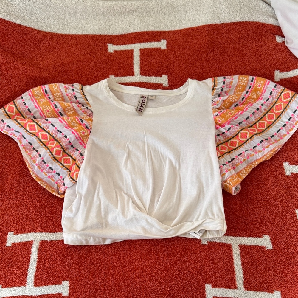 Anthropologie White Top with Colorful Patterned Sleeves